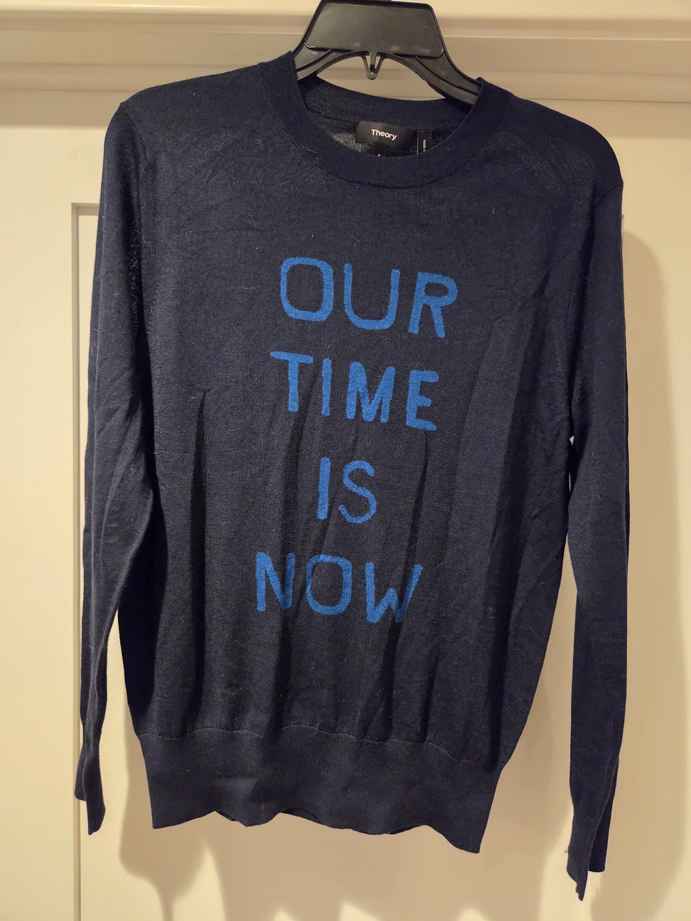 Theory Navy Crewneck Sweater with Blue 'Our Time Is Now' Graphic